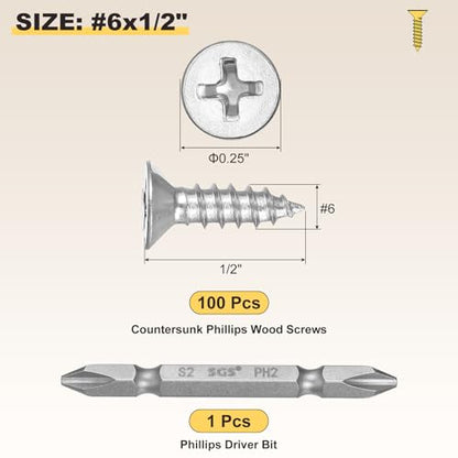 METALLIXITY 101Pcs #6x1/2 Countersunk Phillips Wood Screws Kit SS304 - color: Silver, size: #6x1/2"