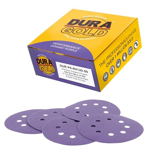Dura-Gold 120 Grit 5" Purple Film Ceramic Sanding Discs, Box of 50, 8-Hole - style: 120 Grit