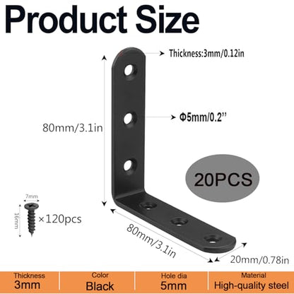 20 Pcs 3" x 3" Black L Brackets 80 x 80MM Metal Corner Brackets Heavy Duty Right Angle Brackets for Wood Shelves Furniture Frame Bookshelf, Included 120pcs Screws - size: 3Inch Black Right Angle