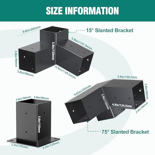 HAYOHRT 15° Pergola Brackets 75° Corner Bracket with Post Base Gazebo Kit for 4x4'' (Actual 3.5x3.5 in) Wooden Beams Lumber Gazebos Patio Pergola Sheds - size: 2P 15° Bracket + 2P 75° Bracket + 4P Base