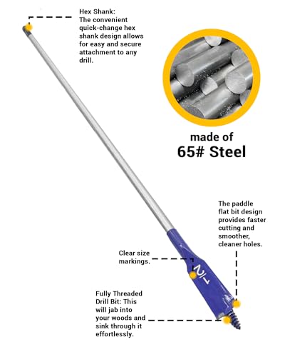 Extra-Long 1/2" Wood Spade Drill Bit, 16" Length, Self-Feeding Flat Drill Bit with Blue Coating for Woodworking, Carpentry, and DIY Projects - size: 1/2"x16"