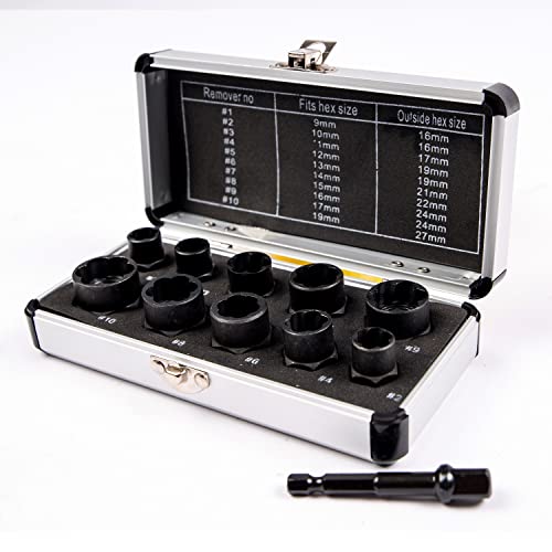 10Pcs Bolt Extractor Damaged Nut Remover Set,Broken Screw Nut Bolt Extractor Kit Stud Extractor Locking Socket Tools Kit,Drive Socket with Storage Case 9-19mm