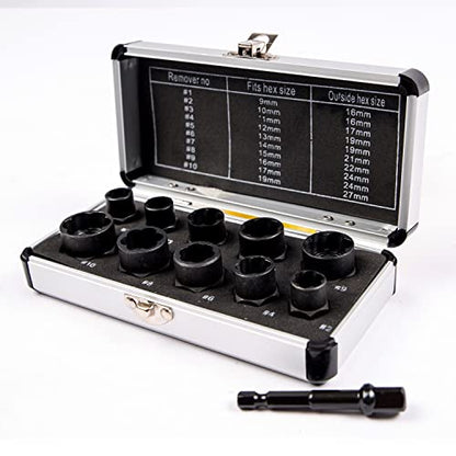 10Pcs Bolt Extractor Damaged Nut Remover Set,Broken Screw Nut Bolt Extractor Kit Stud Extractor Locking Socket Tools Kit,Drive Socket with Storage Case 9-19mm