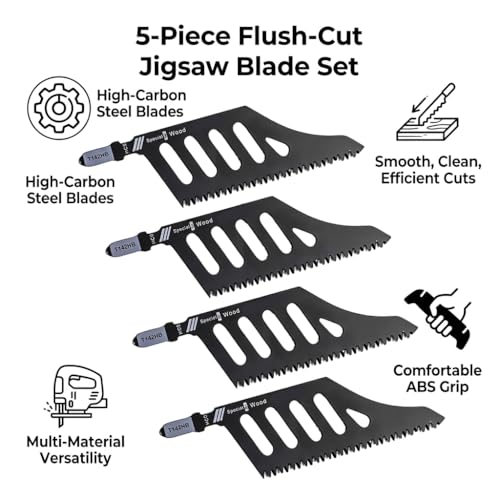 Flush Cutting Jigsaw Blades High Carbon Steel 3-Sided Teeth Design for Plywood Drywall and Plastic 5 Pieces