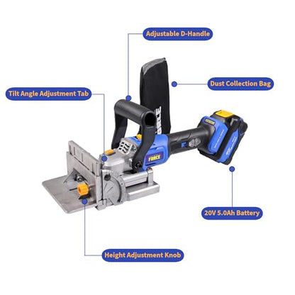 Steel Force BJ184 Wood Biscuit Plate Joiner 4" Brushless Cordless with 20V 5.0Ah Battery and Charger, 8mm 5/16" Dilling Bits, Up to 1-1/2" Drilling Depth - style: Cordless