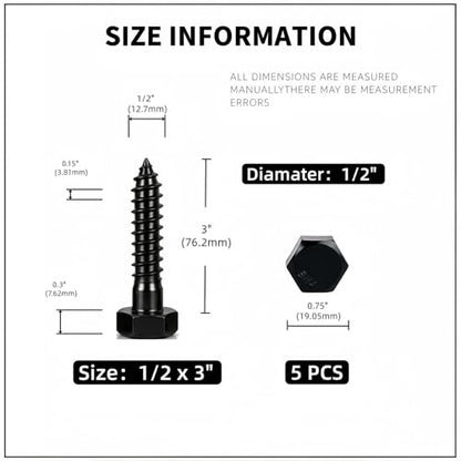 1/2" x 3" Hex Head Lag Screws (5 Pcs) with Washers – Heavy Duty Black Oxide 304 Stainless Steel Bolts 18-8, Wood, Roofing & Construction (Partial Thread) - size: 1/2"x3"