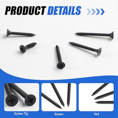 #6 Flat Head Wood Screws Kit 224Pcs Self-Tapping Black - color: Black 224 Pcs