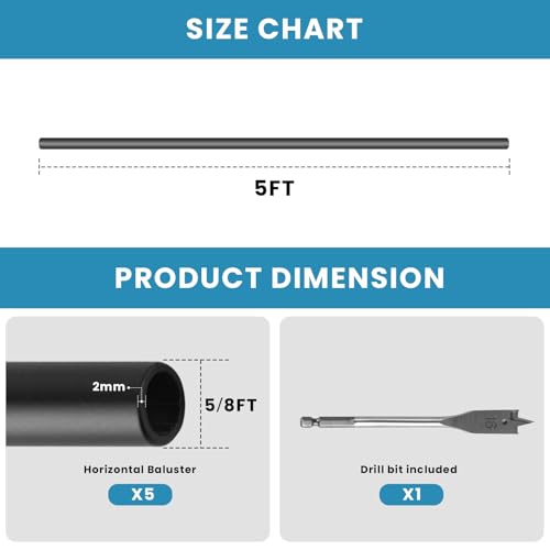 5 Foot x 5/8-inch Round Horizontal Bar Baluster for Stair Remodel- Wrought Iron Hollow Staircase Metal Spindles for Indoor Staircase-Matte Black 5 Pack - size: Iron-5 Feet-2mm