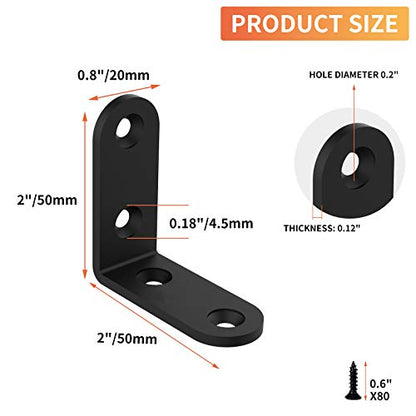 20 Pcs L Corner Brackets 2x2 Inch Black Heavy Duty L Bracket for Joint Right Angle Shelf Support Corner Braces for Shelves, Wood Furniture, Cabinet with Screws (20 Pack)