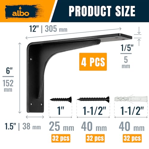 ALBO 12x6 Inch Shelf Brackets, 4 Pack Heavy Duty Steel L Brackets in Black - size: 12 Inch