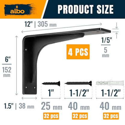 ALBO 12x6 Inch Shelf Brackets, 4 Pack Heavy Duty Steel L Brackets in Black - size: 12 Inch, style: Heavy Duty Reinforced