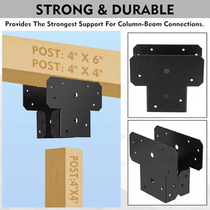 Yaocom 4 Sets T Shape Post Bracket 4x4 4x6 Post to Beam Connector, Black - color: Black