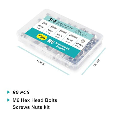 M6 x 10mm 20mm 30mm 40mm Hex Head Bolts and Nuts, M6 x 1.0 Bolts, Hexagon Head Screws, Stainless Steel 304, Bright Finish, Fully Thread, Assortment Kit 80PCS - size: M6x10-40mm+Nuts