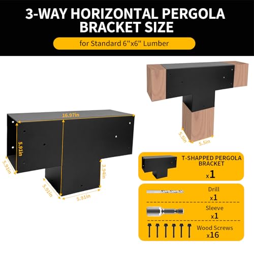 1Pack 6" x 6" 3-Way Pegola Brackets, DIY T-Shaped Horizontal Bracket with Screw for (Actual:5.5x5.5) Wood Beam Support,Heavy Duty Gazebo Bracket for Outdoor Pavilion,Porch,Hunt Cabin - style: 3-WAY T-SHAPED