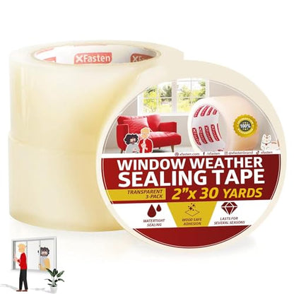 XFasten Transparent Window Weather Stripping Tape 2”x30yds (3-Pack Total 90yds), No Residue Insulation Tape for Windows and Doors, Winter Window Seal - size: 2" x 30Yds 3PK
