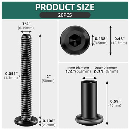 20Pcs 1/4-20 x 2 Flat Socket Head Cap Screws Bolts Barrel Nuts Kit, 304 Stainless Steel 18-8 Furniture Bolts Screws and Nuts, Black Oxided - size: 1/4 x 2"