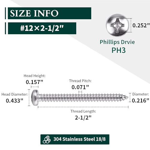 #12 x 2-1/2" Pan Head Sheet Metal Screws, 304 Stainless Steel 18-8, Phillips Drive, Self Tapping, Corrosion Resistant Screws for Wood Sheet Metal, Pack of 25 - size: #12 x 2-1/2"