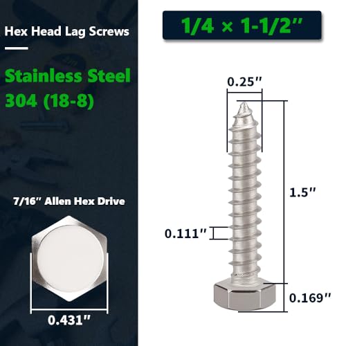 20-Sets 1/4 x 1-1/2" Hex Head Lag Screws & Flat Washers, Heavy Duty Lag Wood Screws, 304 Stainless Steel (18-8), 1/4" Bolt - size: 1/4 x 1-1/2