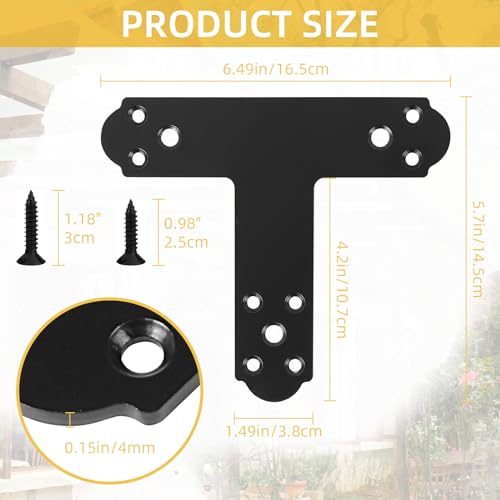 Black T Bracket, 4 pcs T Post Brackets Pergola Post to Beam Connectors 4mm Thickness for Wood, Steel Repair Fixing Mending T Plate Bracket Flat Connector with Screws - style: T Plate Bracket
