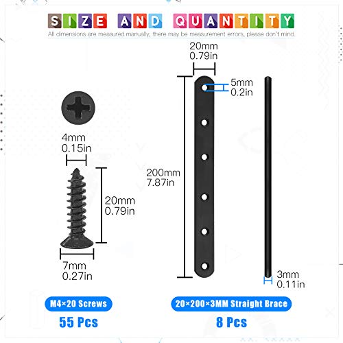 Glarks 8 Sets 200mm Flat Straight Corner Brace Black Metal Joint Plate Connector Repair Fixing Bracket with 55Pcs Screws for Wood Furniture (200x20x3mm) - size: 200x20x3mm