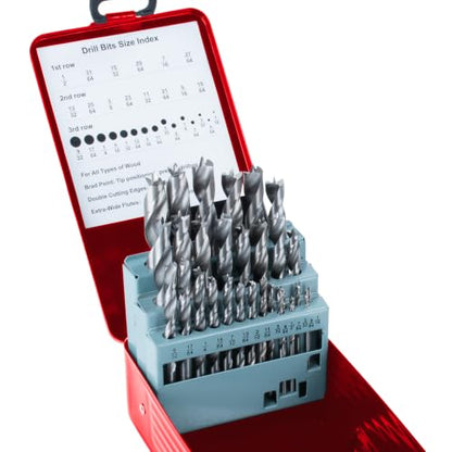 29Pcs Brad Point Wood Drill Bit Set, HSS Brad Point Drill Bit Set with Double Flutes Design, Brad Point Drill Bits for Woodworking, DIY, Home Improvement (1/16" - 1/2")