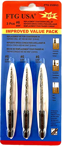 FTG USA 3Pc #6 (9/64") Replacement Countersink Drill Bit Set Tapered Bits - size: #6 (9/64"), style: 3 Bits w/o cutter