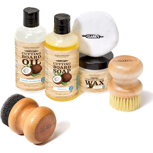 CLARK'S Cutting Board Care Kit with Coconut Oil - Includes Wax, Soap, Scrub Brush, Buffing Pad, and Applicator - for Kitchen Countertops, Butcher Blocks, Wooden Bowls and Utensils - Food Safe - style: Coconut Oil Extracts(Full Care Set)