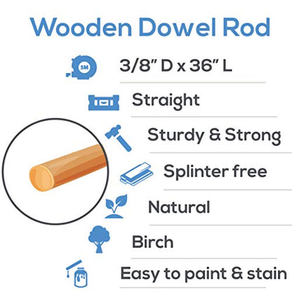 Dowel Rods Wood Sticks Wooden Dowel Rods - 3/8 x 36 Inch Unfinished Hardwood Sticks - for Crafts and DIYers - 100 Pieces by Woodpeckers - size: 3/8" x 36" Dowels