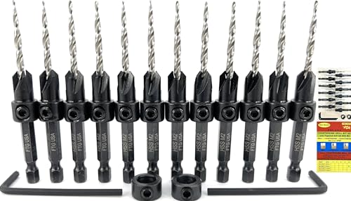 FTG USA 12 Pc #6 (9/64") Countersink Drill Bit Set with Tapered Drill Bits - size: #6, style: Same Sort 12 Pc