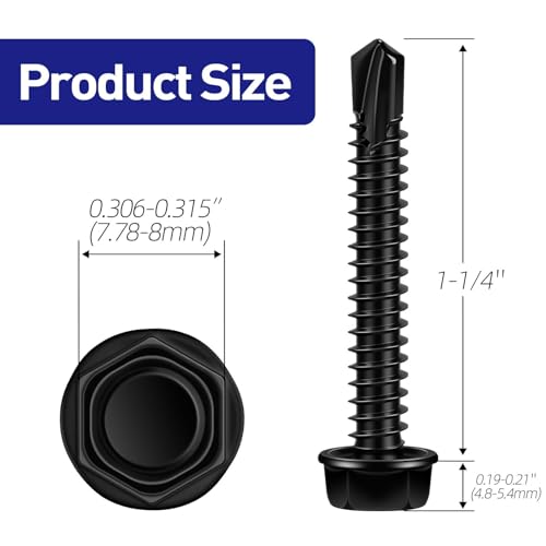 #12 x 1-1/4" Hex Washer Head Self Tapping Screws, TEK Screws, Self Drilling, Stainless Steel 410 Sheet Metal Screws, Black Finish, 50 PCS - color: Black, size: #12 x 1-1/4"
