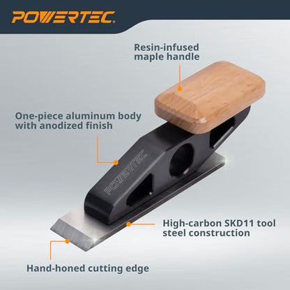 POWERTEC Chisel Plane with Flat Blade – Compact Edge Trimming Tool for Woodworking, Plug Trimming, Joinery Cleanup – Includes Wrench (72162)