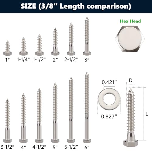 8-Sets 3/8 x 4-1/2" Hex Head Lag Screws & Flat Washers, Heavy Duty Lag Wood Screws, 304 Stainless Steel (18-8), 3/8" Bolt - size: 3/8 x 4-1/2