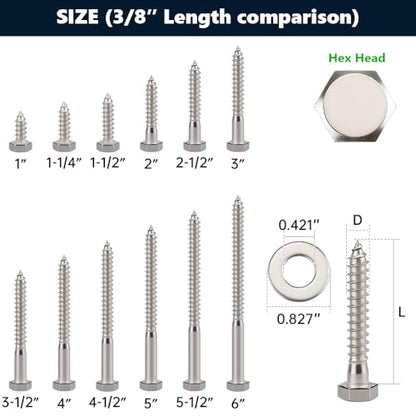 8-Sets 3/8 x 4-1/2" Hex Head Lag Screws & Flat Washers, Heavy Duty Lag Wood Screws, 304 Stainless Steel (18-8), 3/8" Bolt - size: 3/8 x 4-1/2