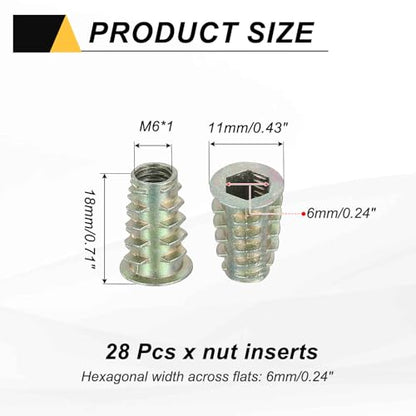 MECCANIXITY 28 Pcs Threaded Inserts for Wood, Zinc Alloy M6 Thread Inserts Nuts Hex Socket Drive Screw 18mm Length for Furniture, Cabinet, Tables and Chairs - size: M6x18mm