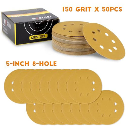 5-Inch 8-Hole Hook and Loop Gold Sanding Discs, Pack of 50 Sandpaper, 150-Grit