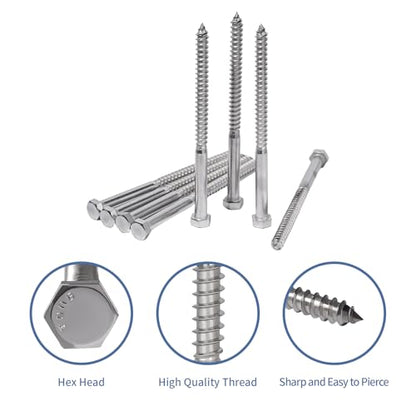 3/8-16x6 Inch Hex Head Lag Bolts, 304 Stainless Steel Wood Screws, 20PCS - size: 3/8" x 6"