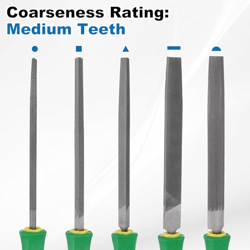 HARFINGTON 5pcs Metal File Set 12" Medium Teeth High Carbon Steel Hand Files with PP Handle Square/Flat/Triangle/Half-Round/Round for Metal Wood Stone Grinding Polishing Engraving - size: 1, style: Middle Teeth