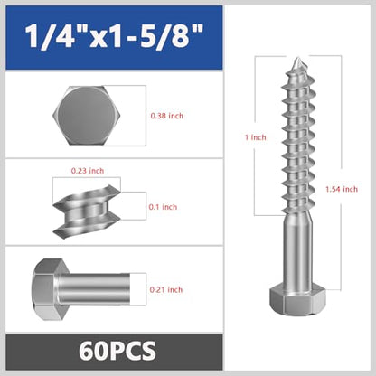 Wensilon Lag Screws Wood Screws,(60PCS, 1/4" x1-1/2, Silver) Hex Head Lag Bolts,(6x40) Heavy Duty Lag Screws,304 Stainless Steel Bolts 18-8 - color: Silver, size: 1/4"x1-1/2"