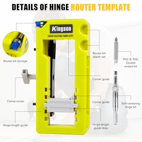 Adjustable Door Hinge Jig Router Template Kit, Hinge Mortising Guide Fits 3"-5" Length, 1/4" & 5/8" Thickness Door Hinges with Drill Bits
