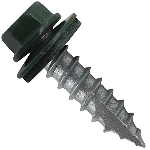 14 x 1 Evergreen Metal Roofing Screws - Hex Washer Head- Self-Starting/Tapping - EPDM Washer. 8 X 250 Bags - 2,000 Screws - color: EVERGREEN, size: 1"
