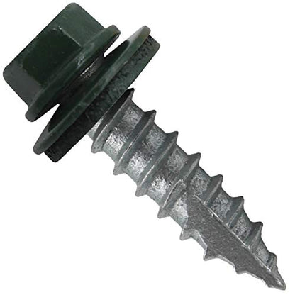 14 x 1 Evergreen Metal Roofing Screws - Hex Washer Head- Self-Starting/Tapping - EPDM Washer. 8 X 250 Bags - 2,000 Screws - color: EVERGREEN, size: 1"