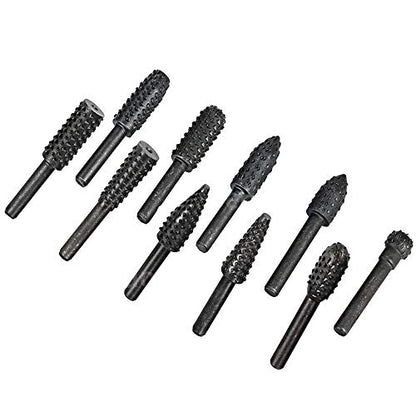 10pc 1/8''(3mm) Shank Carbon Steel Rotary Burr Rasp Set Wood Carving File Rasp Drill Bits for DIY Woodworking Wood Carving Polishing Grinding Engraving - style: Round Shank
