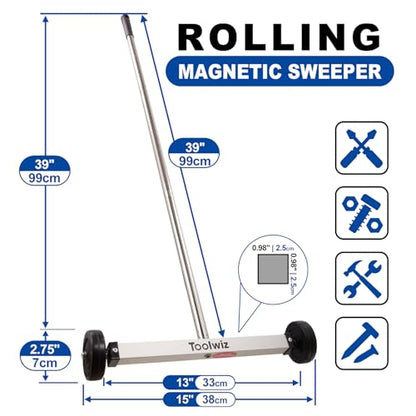 Toolwiz 15" Rolling Magnetic Sweeper with LED Telescopic Pick Up Tool - size: 15 inches + 8 LB Pick Up Tool with Light