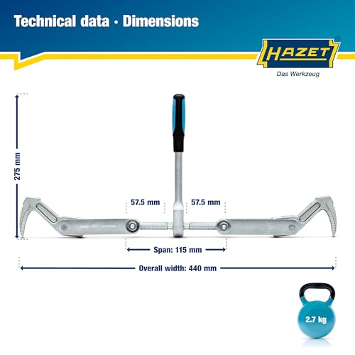 HAZET Beam Puller 1774-1, Forged for Heavy Duty, Clamping Stroke: 4.53", Total Width: 17.32", Ratchet Length: 10.83", Trapezoidal Thread TR 16 X 5, For Clamping, Pulling - style: With hooks