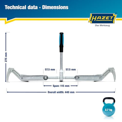 HAZET Beam Puller 1774-1, Forged for Heavy Duty, Clamping Stroke: 4.53", Total Width: 17.32", Ratchet Length: 10.83", Trapezoidal Thread TR 16 X 5, For Clamping, Pulling - style: With hooks