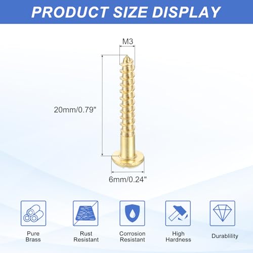 MECCANIXITY 35 Pcs Brass Screws, M3 x 20mm Solid Slotted Round Head Self-Tapping Wood Screw Fasteners for Woodworking Furniture Repair Photo Frame Drywall Home Appliances, Gold - size: M3 x 20mm