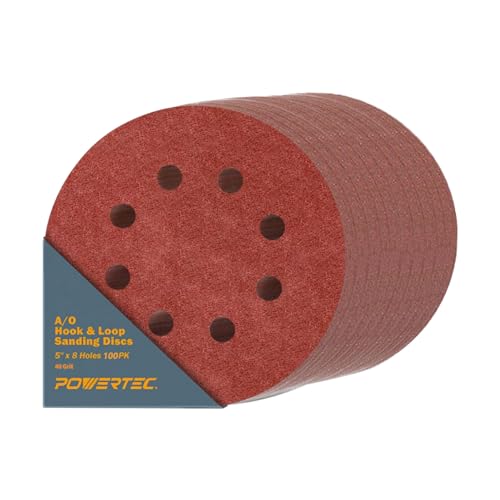 POWERTEC 100PK, 40 Grits, Sanding Discs 5 Inch - Hook and Loop, 5 Inch 8 Hole Aluminum Oxide Sandpaper Discs, Woodworking Sanding Pads for Random Orbital, Palm, Air, DA & Pneumatic Sander (45004-P4) - style: 40 Grit, 100PK