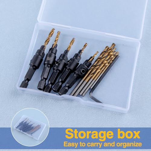 SPEEDWOX 5Pcs Countersink Drill Bit Set for Wood Drill Bits for Holes with Replacement Tapered Drill Bits Allen Wrench Titanium Plating Pilot Screw Hole Set #5#6#8#10#12 Screws 82-Degree Chamfer - style: Chamfer