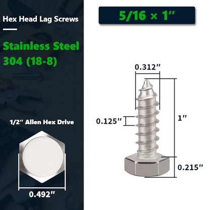 20-Sets 5/16 x 1 Hex Head Lag Screws & Flat Washers, Heavy Duty Lag Wood Screws, 304 Stainless Steel (18-8), 5/16" Bolt - size: 5/16 x 1