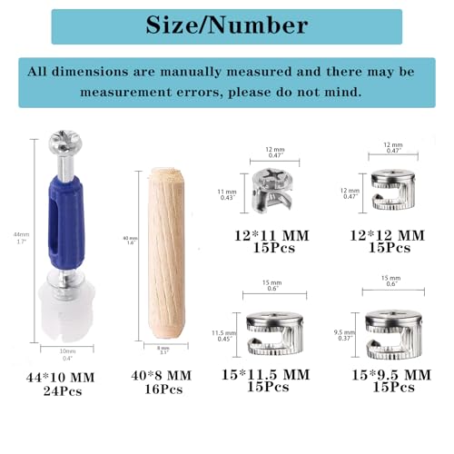 OFCOX 124Pcs 3 in 1 Cam Lock Screws and Nuts Set, Heavy Duty Zinc Alloy Furniture Connecting Fittings, Twist Lock Fasteners Bolts Dowels for Cabinet Drawer Dresser Cupboard Hardware Spare Parts Kit